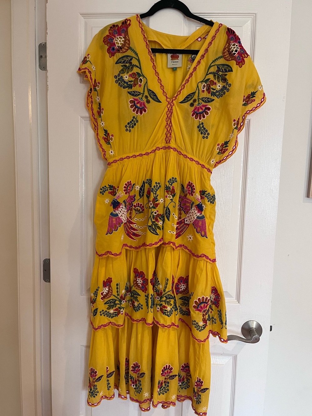 FARM Rio Yellow Embroidered Tiered Midi Dress – Size Medium